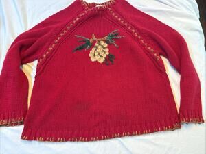 Coldwater Creek Petite M Ramie Cotton Sweater Pinecone Embroidered Rustic